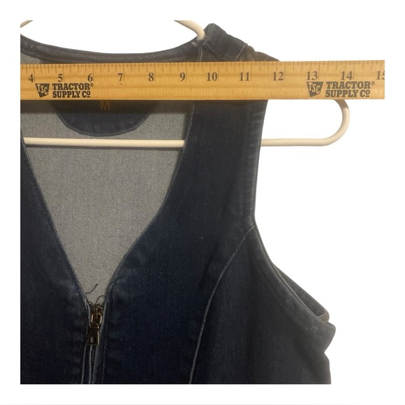 Retro Dark Blue Denim Romper M Chic Faux Leather Trim Side Cutout Full Front Zip - Picture 4 of 15